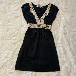 Max studio XS black V neck cotton dress with vintage cream lace details
